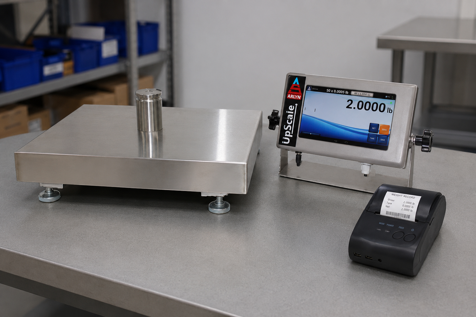 Industrial scale printer setup with Arlyn platform scale, UpScale touchscreen, and compact PR-A10-style thermal printer