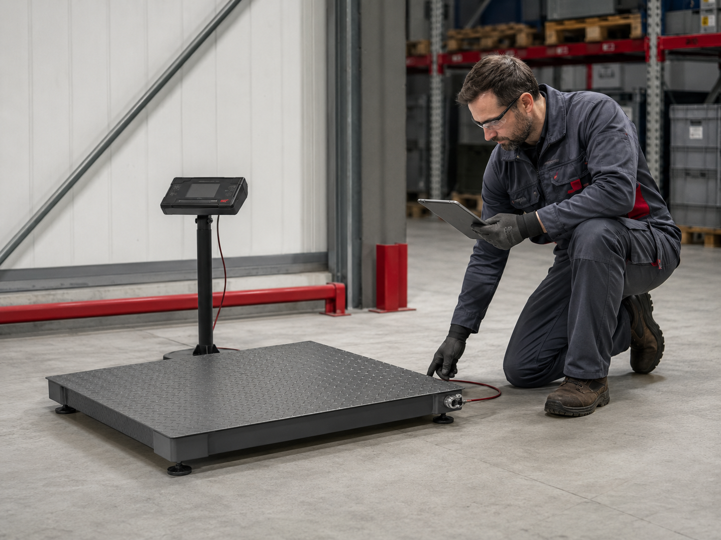 Technician inspecting an industrial platform scale to determine whether it should be repaired or replaced