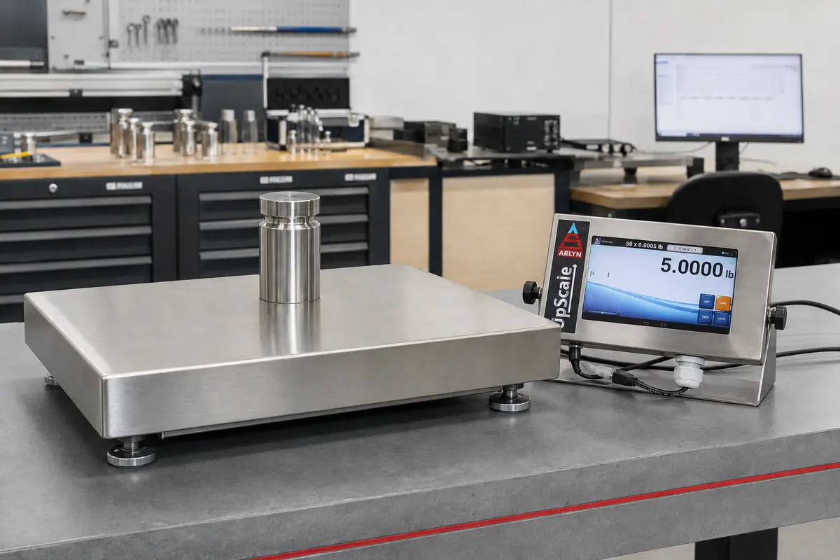 Arlyn Ultra Precision SAW scale with stainless UpScale touchscreen in a calibration workspace