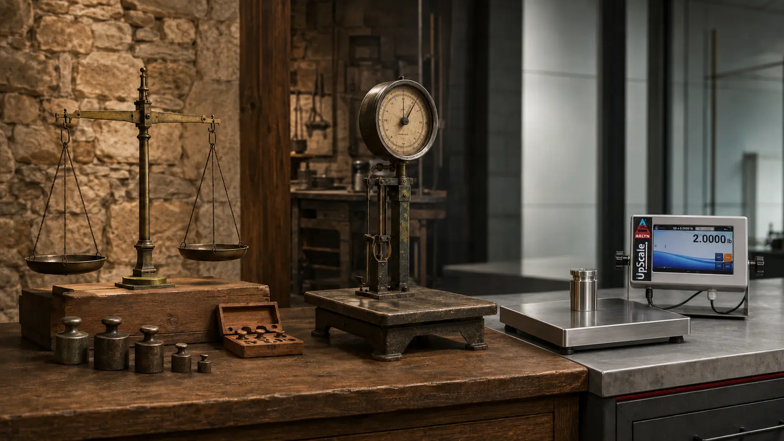 Evolution from an ancient balance and mechanical scale to an Arlyn bench scale with UpScale touchscreen