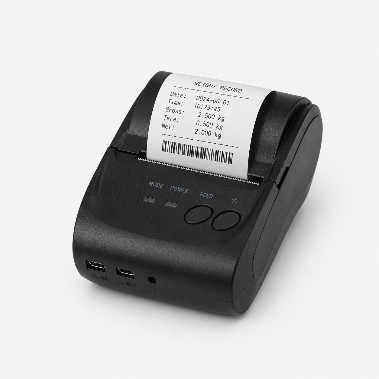 Illustrative Arlyn A10 compact 58 mm thermal printer with a narrow weight record