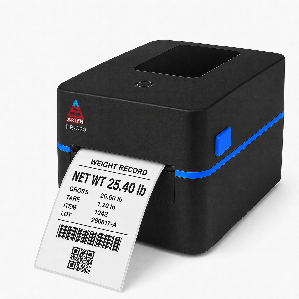Arlyn PR-A90 industrial barcode label printer in a front three-quarter view