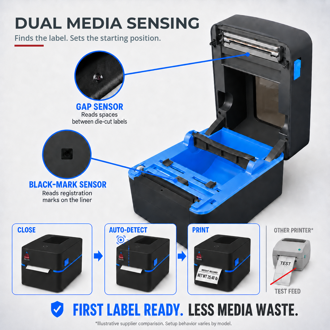 Arlyn PR-A90 dual media sensing graphic showing gap and black-mark detection