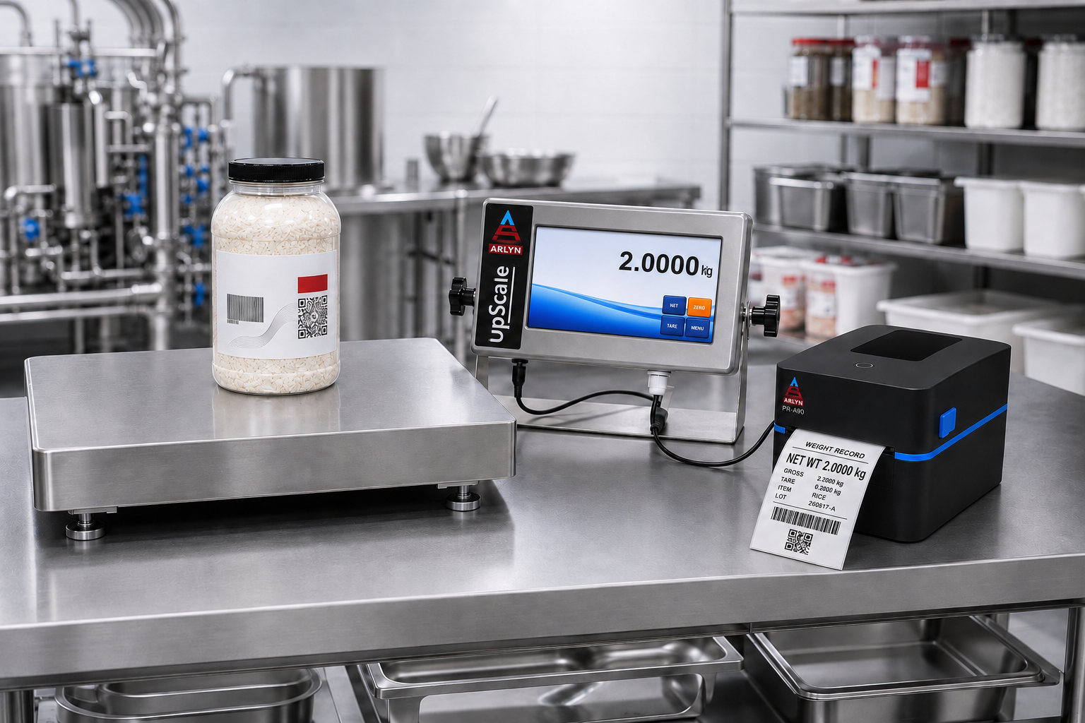 Arlyn PR-A90 printing a production label beside an UpScale-equipped scale in a food processing environment