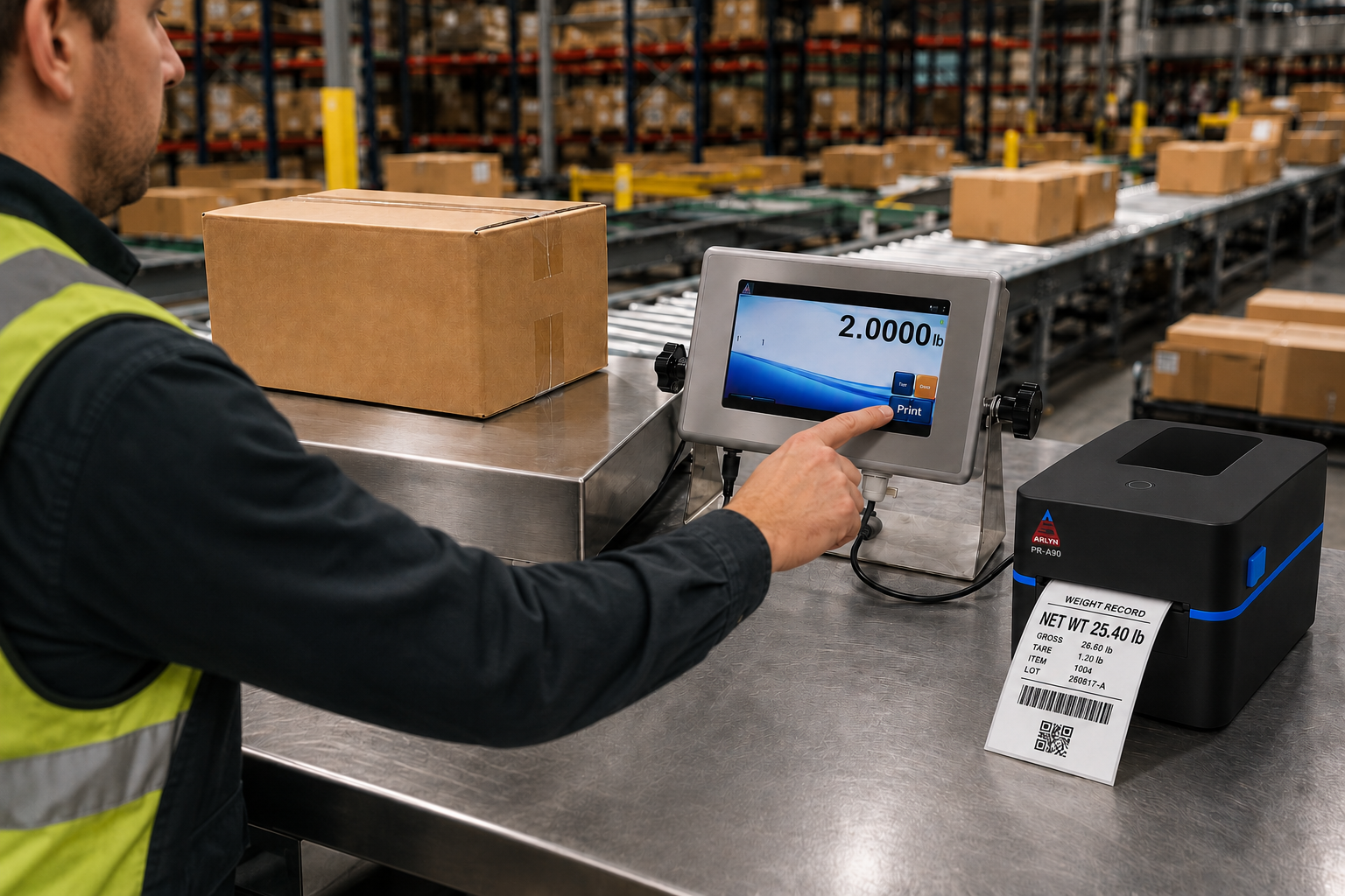 Warehouse operator weighing a package and selecting PRINT on an Arlyn UpScale connected to a PR-A90 label printer