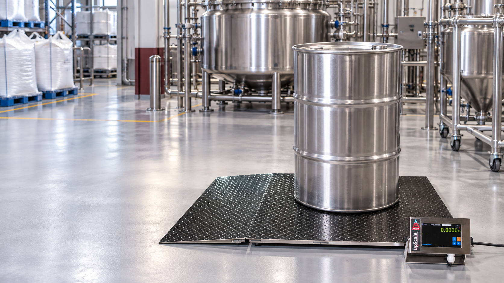 Arlyn drum scale with UpScale weighing a stainless process drum in a pharmaceutical production and raw-material dispensing area