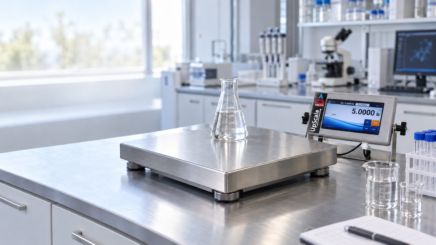 Arlyn Ultra Precision scale with an UpScale touchscreen indicator weighing a laboratory flask