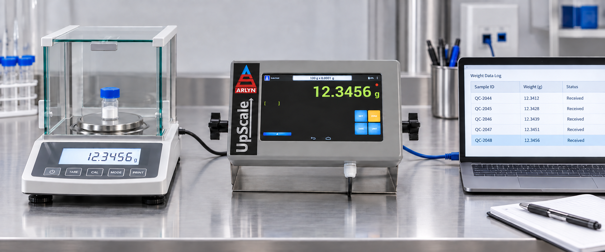 High Resolution laboratory balance connected through Arlyn UpScale to a computer weight data log