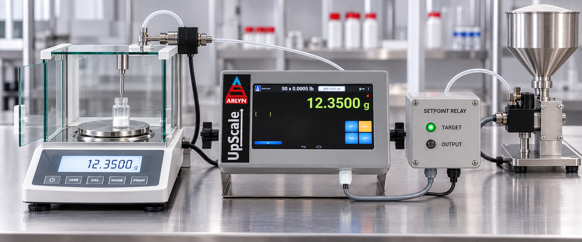 High Resolution Balance connected to Arlyn UpScale and a setpoint relay controlling a precision dosing feeder