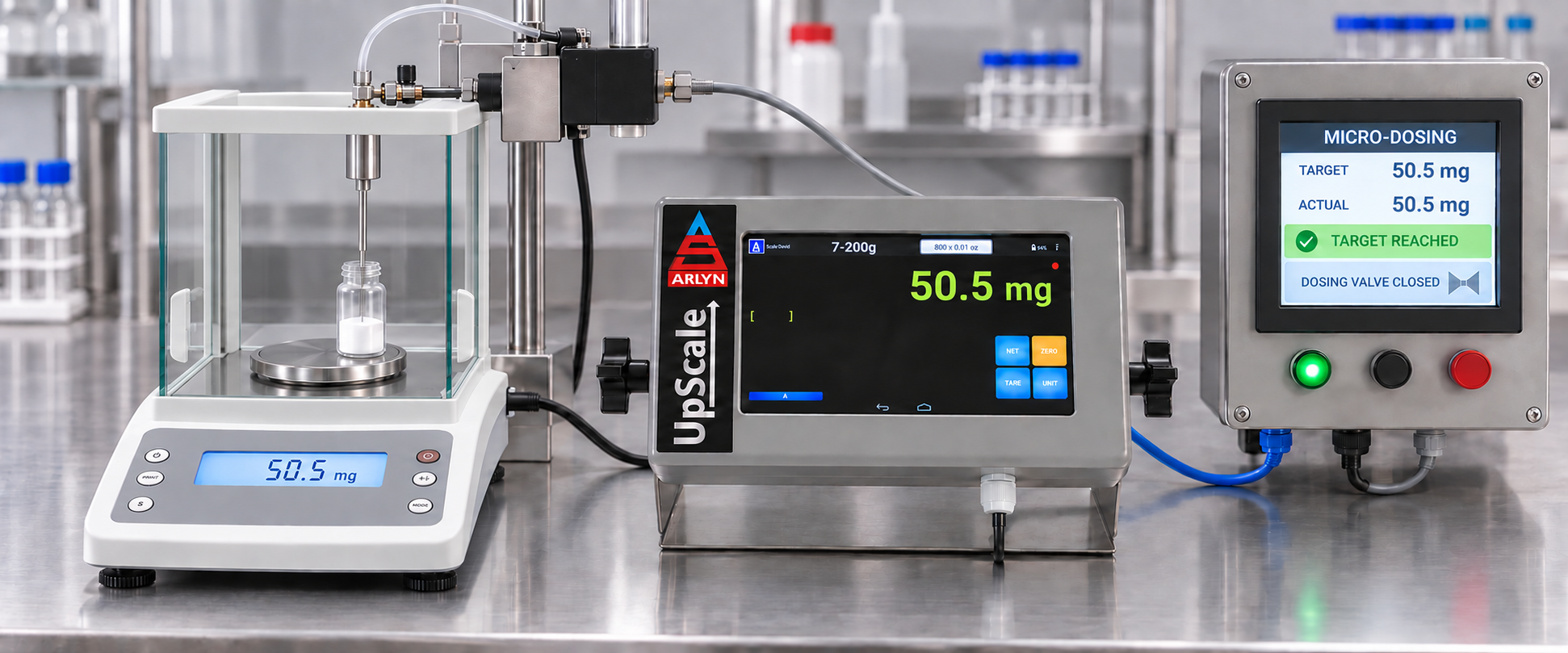 Arlyn High Resolution balance connected to UpScale for an automated 50.5 mg micro-dosing process