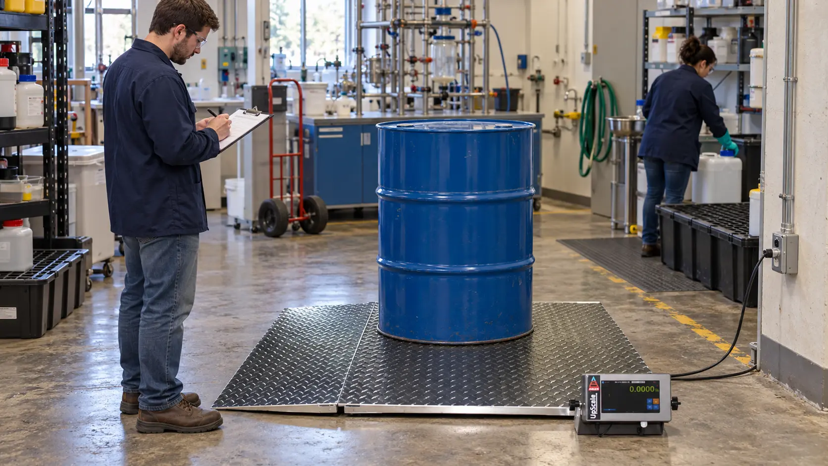 Drum scale with UpScale in a university chemical handling and environmental safety facility