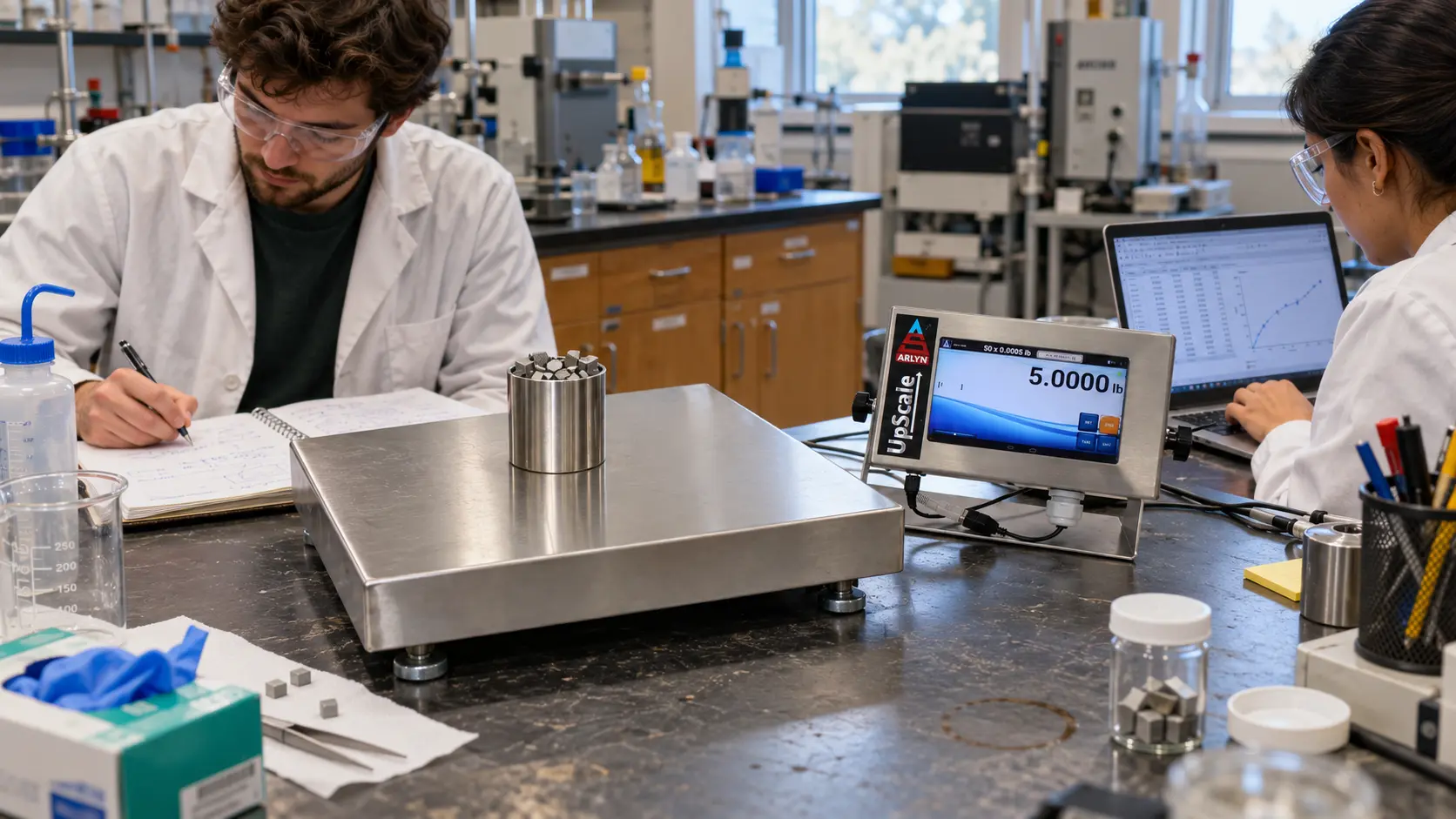 Arlyn Ultra Precision scale with UpScale used by university researchers in a working laboratory