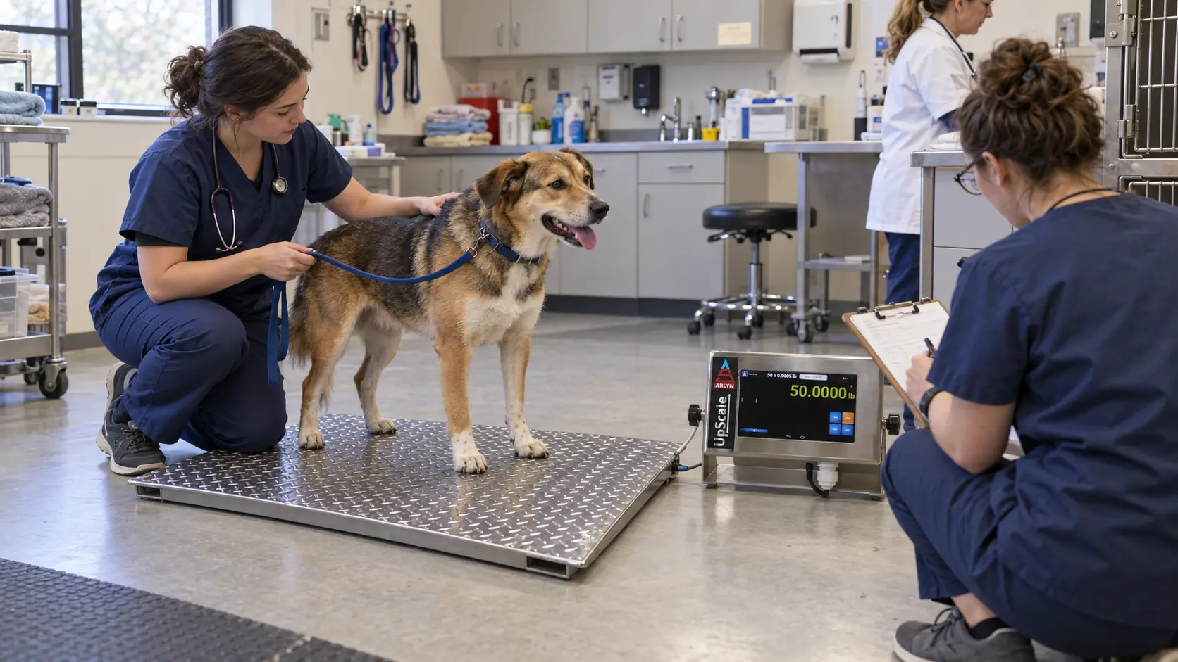 Veterinary team weighing a dog on an Arlyn platform scale with UpScale